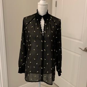 CAbi Allegra black sheer button up embroidered floral blouse #5338 M
